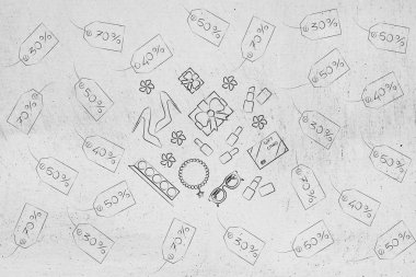 karışık moda nesneleri çevreleyen promosyon fiyat etiketleri