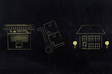 laptop ve alıcının hous arasında alışveriş teslim parsel