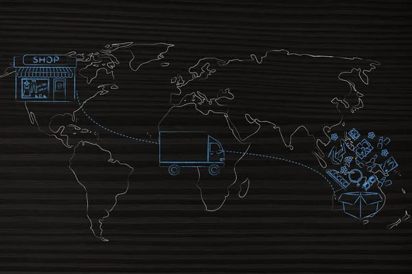 Dünya harita ov müşteriyle dükkandan teslim parsel — Stok fotoğraf