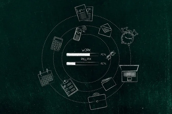 work and relax percentage bars surrounded by office objects with