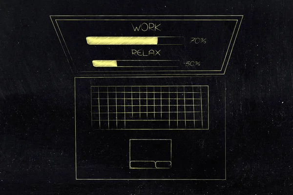 Práce a odpočinku procento pruhy na displeji notebooku s tím, že práce — Stock fotografie