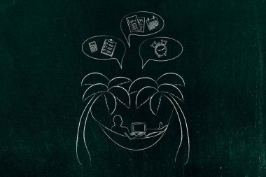 adam komik bubbl onun laptop ve office nesnelerle hamak