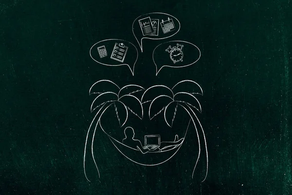 adam komik bubbl onun laptop ve office nesnelerle hamak