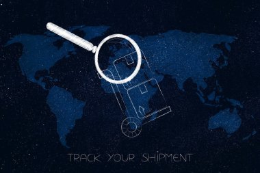 Büyüteç camı analizying ile dünya harita overla üzerinde parsel