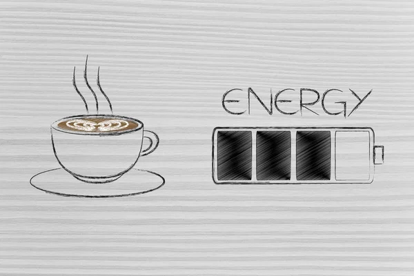 Barra de bateria de energia ao lado da xícara de café — Fotografia de Stock