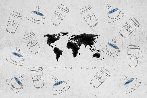 Café se déplace la légende du monde avec carte entourée de tasses et t — Photo