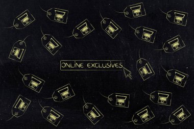 Fiyat etiketleri dizüstü bilgisayarlar ile çevrili online özel düğme