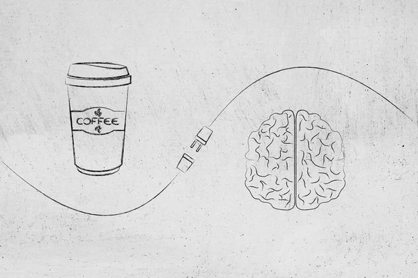 Kaffee und Gehirn mit Stecker dazwischen — Stockfoto