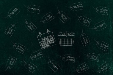 Takvim ve azaltma Etiketler tarafından çevrili tam alışveriş sepeti