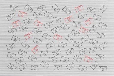 Grup uçan e-posta zarf ve bazı kırmızı Spam etiket ile
