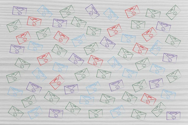 Grupo de envelopes de e-mail em cores diferentes com etiquetas por eac — Fotografia de Stock