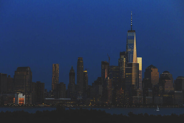 HOBOKEN, NJ - SEPTEMBER 10TH, 2017: Night view of Manhattan's skyline and the Hudson river from Hoboken