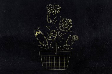 bir alışveriş sepeti içine düşen nesneleri plaj, bir tatil kitaba