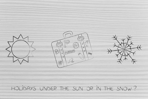 Helligdager under solen eller i snøen med ikoner og bagasje – stockfoto