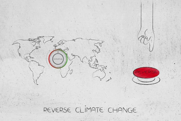 Mapa del mundo con termostato junto al cambio climático inverso rojo pero — Foto de Stock