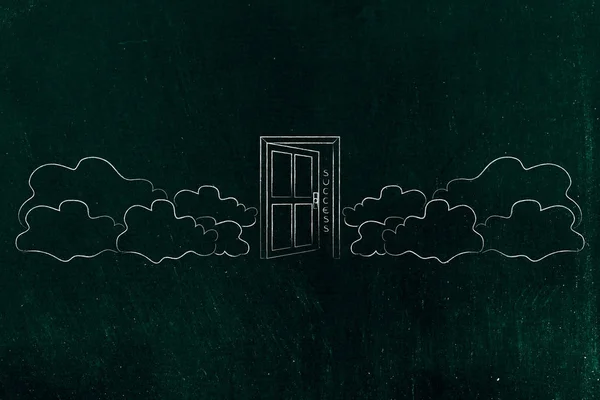 open door with Success text behind it surrounded by clouds