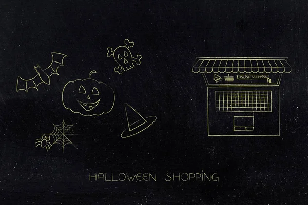 Halloween sprzedaży ikony obok laptopa z zakupy online na — Zdjęcie stockowe