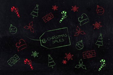 Fiyat etiketi ile metin çevreleyen Noel temalı simgeleri