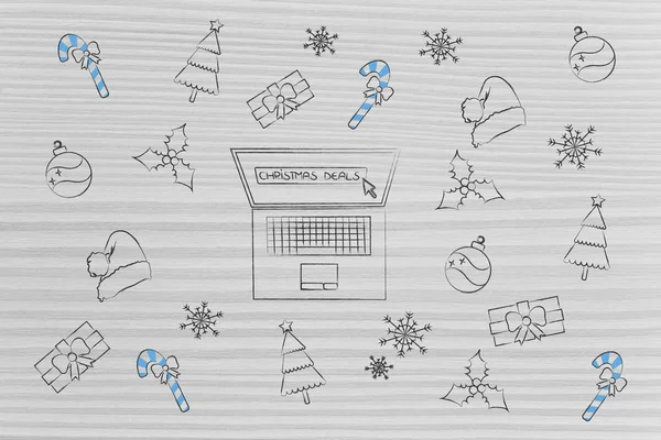 Laptop mit Weihnachtsgeschäft Promotions und Deko-Ikonen surro — Stockfoto