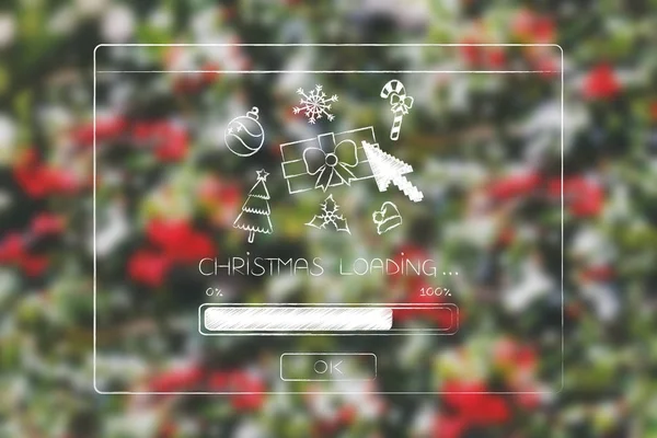 Christmas loading pop-up message with icons and cursor clicking — Stock Photo, Image