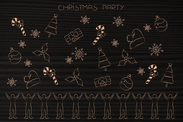 Christmas party tłum z elementów dekoracji nad nimi — Zdjęcie stockowe