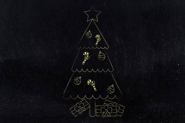 Yılbaşı ağacı süsleri, şekerler ve hediyeler