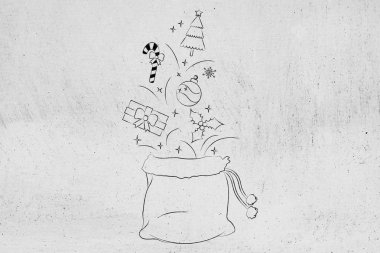 Noel Baba'nın çantası hediye ve çıkan süslemeleri ile