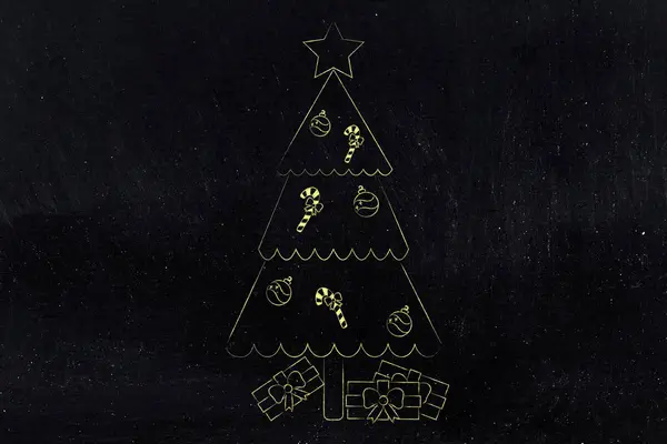 Yılbaşı ağacı süsleri, şekerler ve hediyeler