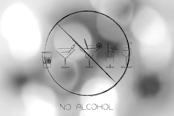 Groupe de cocktails alignés et biffés avec légende no alco — Photo