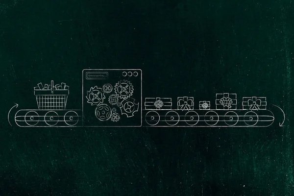 Máquina que convierte la cesta de la compra en regalos de Navidad envueltos —  Fotos de Stock