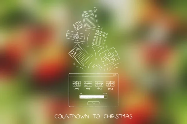 Countdown pop-up with Christmas presents and letter to Santa fly — Stock Photo, Image