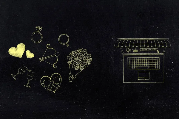 Sevgililer günü simgeler ve online mağaza ile dizüstü bilgisayar