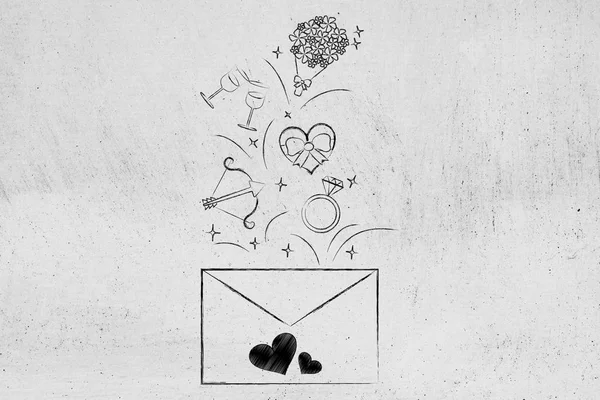 Mektup zarfı dışarı uçan Sevgililer günü sembolleri — Stok fotoğraf