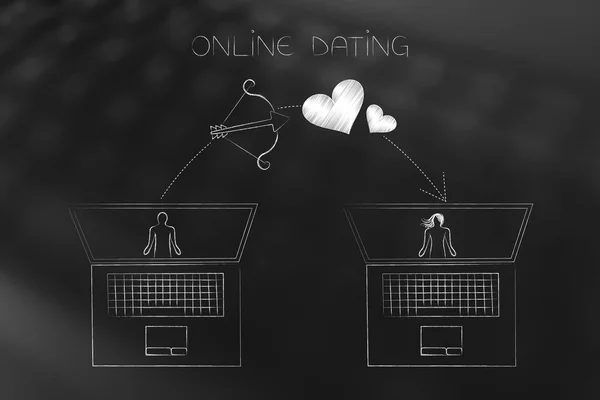 Online dating laptops with profiles and lovehearts flying over t — Stock Photo, Image