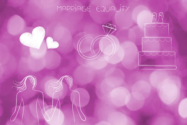 Leszbikus, homoszexuális pár lovehearts jegygyűrű és a sütemény — Stock Fotó