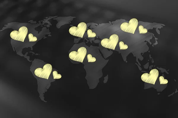 Mapa do mundo coberto de loveharts em diferentes países — Fotografia de Stock
