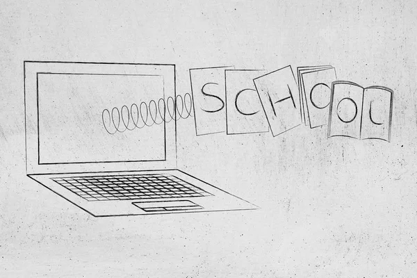 Laptop met schoolboeken knallen uit het scherm op een spri — Stockfoto