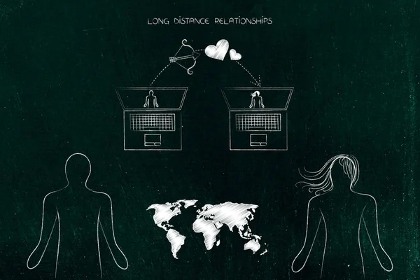 Long distance relationships world map in between couple and lapt