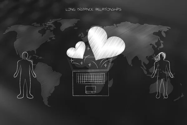 Long distance relationships laptop with lovehearts over world ma — Stock Photo, Image