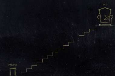 merdiven birkaç adım uzaklıktaki çalışan Ceo için sandalye ve resim yazıları ile