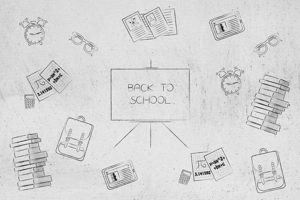 Back to school blackboad surrounded by themed icons — Stock Photo, Image