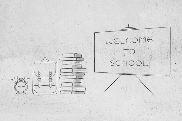 Zapraszamy do szkoły tablica obok podręczników plecak i Skrzydełka — Zdjęcie stockowe