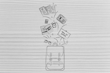 okul sırt çantası ile karışık öğeleri dışarı uçan