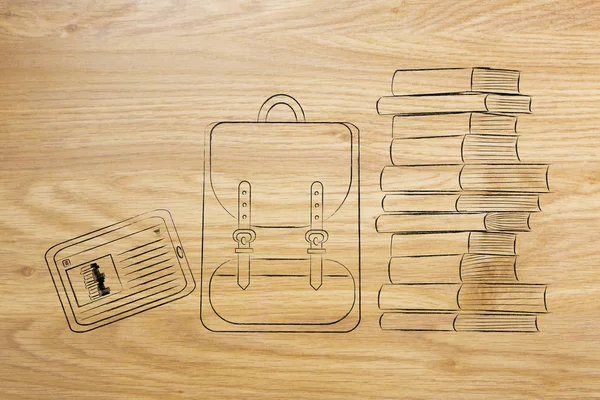 okul sırt çantası tablet ile bir tarafında ve yığın kitap