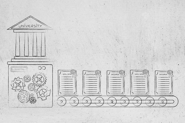 度を作る生産ライン メカニズムと大学の建物 — ストック写真