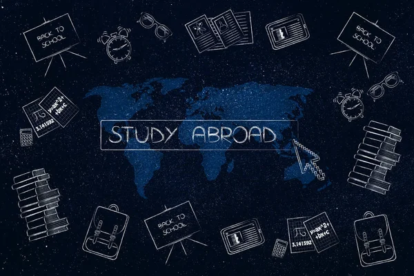 Studera utomlands bildtext med markören omgiven av pedagogiska artiklar — Stockfoto