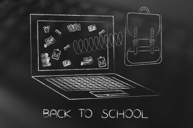 sırt çantası laptop ekran okul nesnelerle dışında uçan