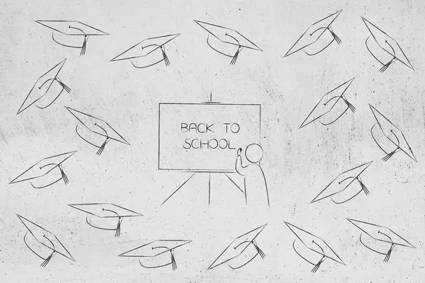 Πίσω στο σχολείο δάσκαλος με μαυροπίνακα περιβάλλεται από αποφοίτησης — Φωτογραφία Αρχείου