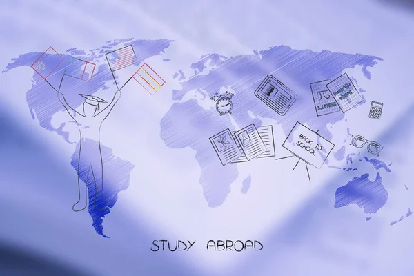 Estudiar en el extranjero superposición mapa del mundo con el estudiante con banderas y la escuela — Foto de Stock
