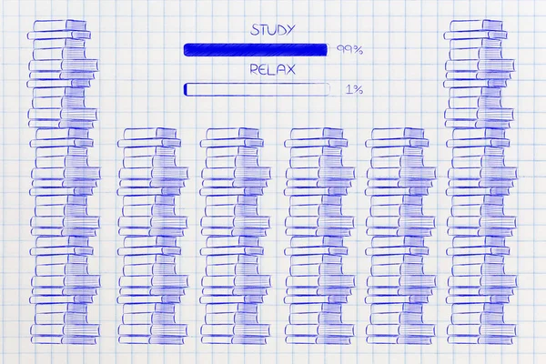 Piles of books with study vs relax percentage bars — Stock Photo, Image